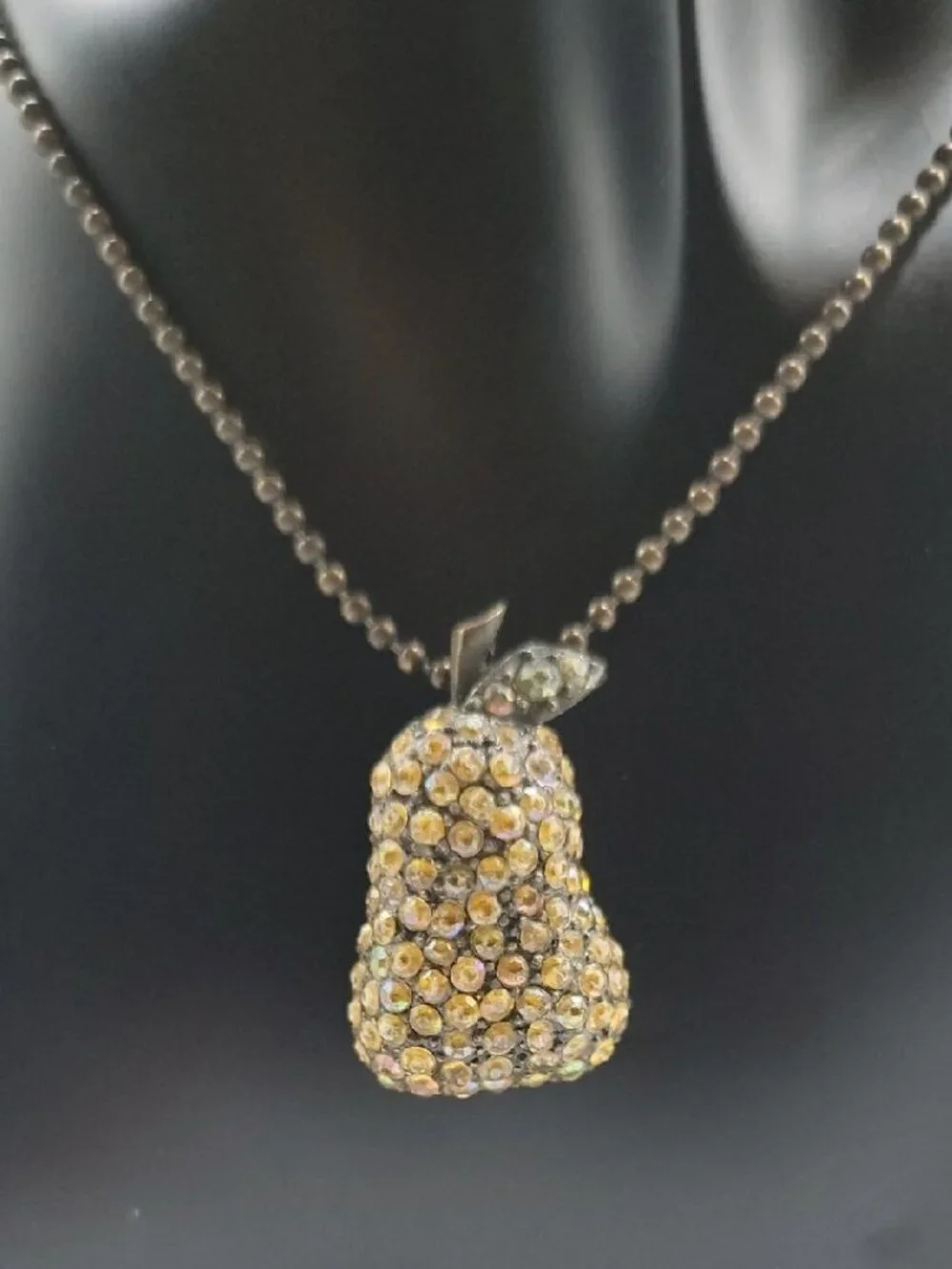 VTG Robert Rose Signed Pave Rhinestone Pear Pendant Ball Chain Necklace Rare 16